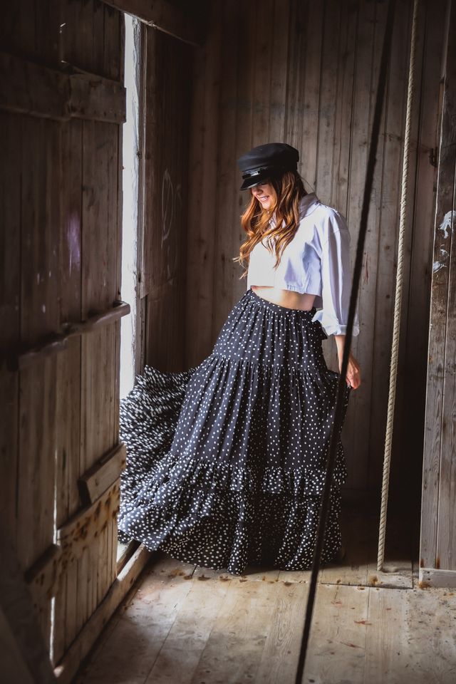 Long Frill Skirt Black With Dots