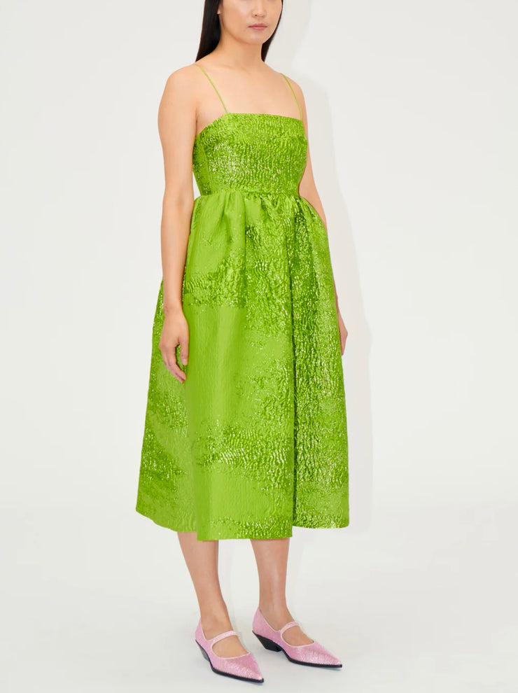 Voluminous Gathered Midi Dress Green Glitter