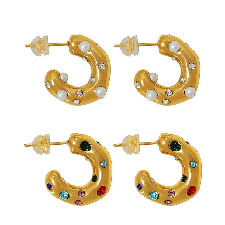 Pearl Multicolour Stone Hoop Earrings Gull